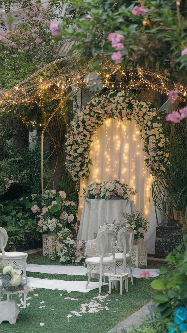 A beautifully decorated mini garden wedding setup with floral arch, fairy lights, and elegant seating.