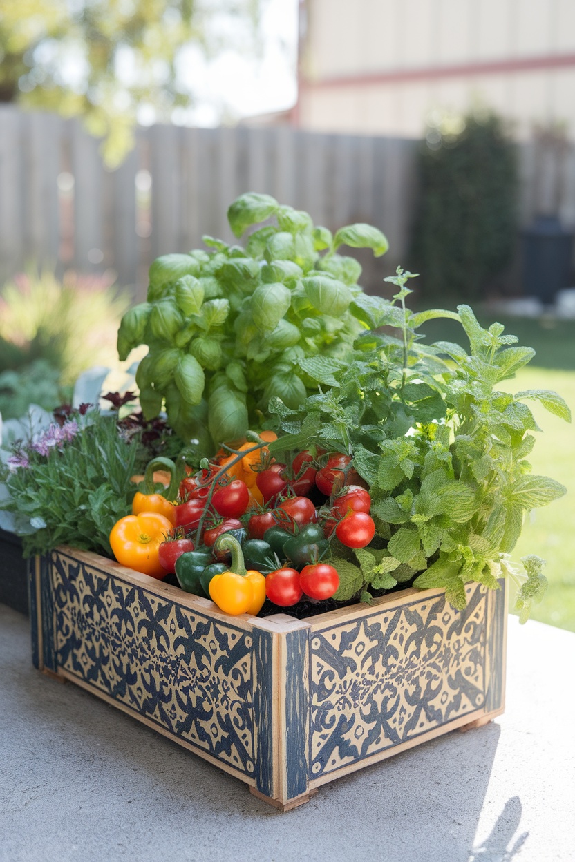 A wooden planter filled with basil, mint, and colorful cherry tomatoes in a sunny garden.