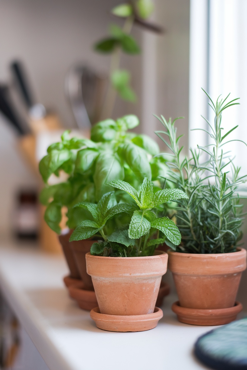 A mini herb garden with basil, mint, and rosemary in terracotta pots.