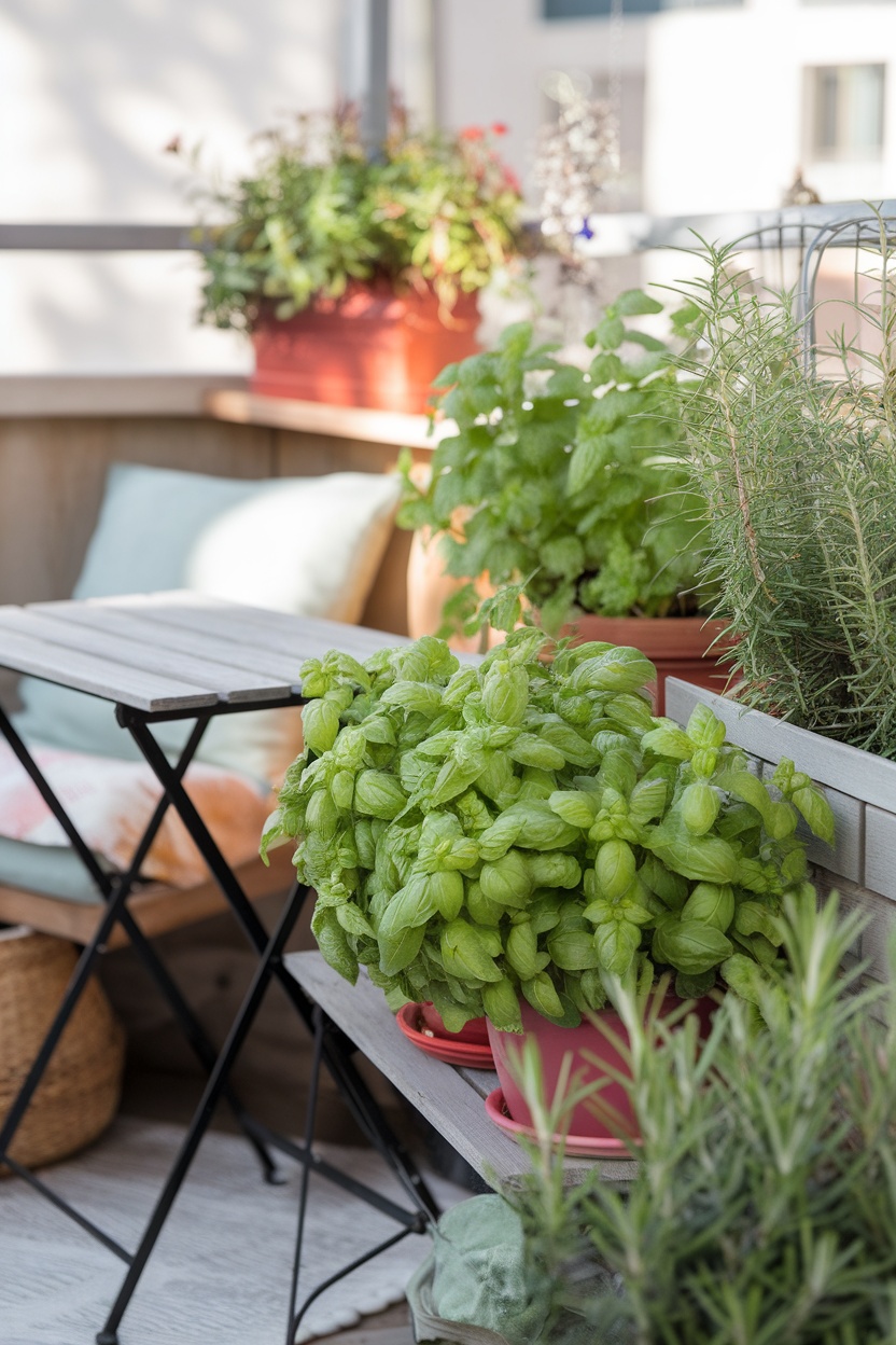 A balcony with various pots of herbs including basil, mint, and rosemary, alongside a cozy chair and wooden table.