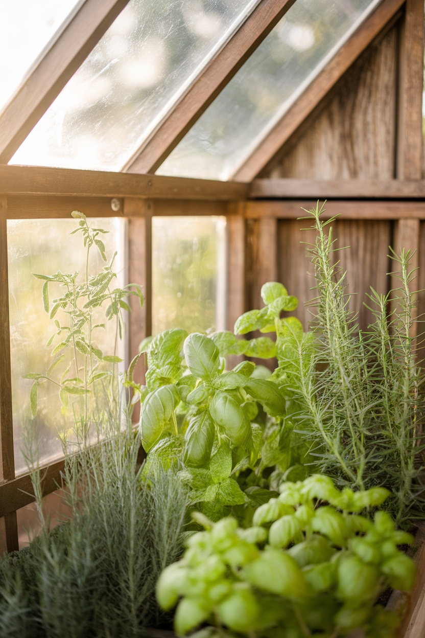 A mini herb garden in a greenhouse with basil, rosemary, and mint plants.