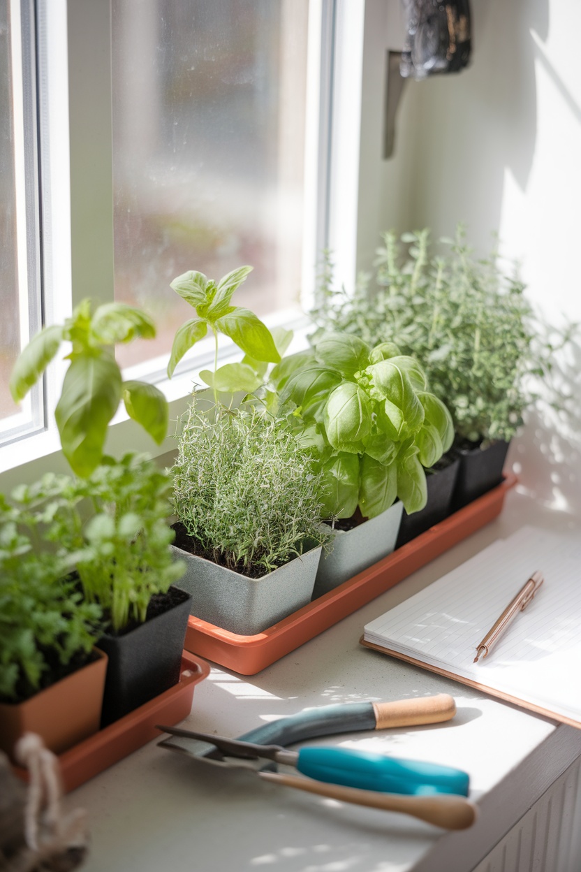 Indoor mini herb garden with basil, thyme, and cilantro in small pots on a windowsill.