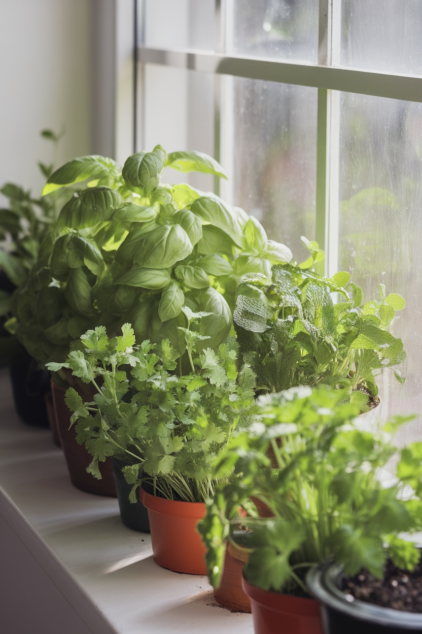 An indoor window sill with various mini herb pots, including basil, cilantro, and mint, thriving in sunlight.