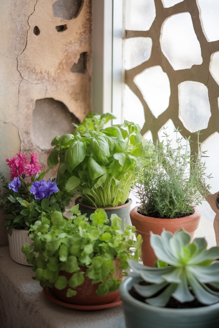 A mini herb garden on a window sill with basil, cilantro, and colorful flowers in pots.