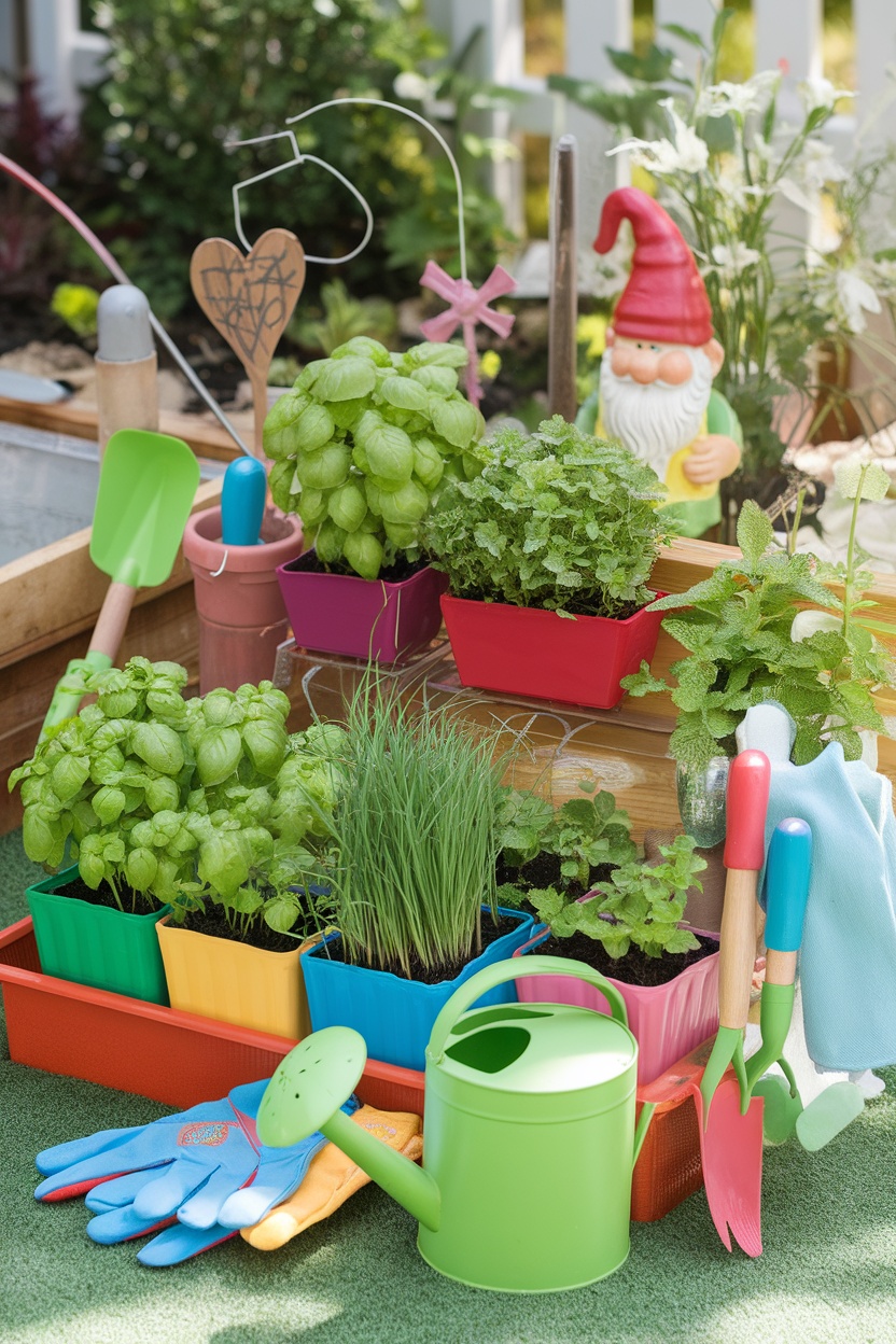 Colorful mini herb garden setup for kids with various herbs, gardening tools, and a gnome decoration.