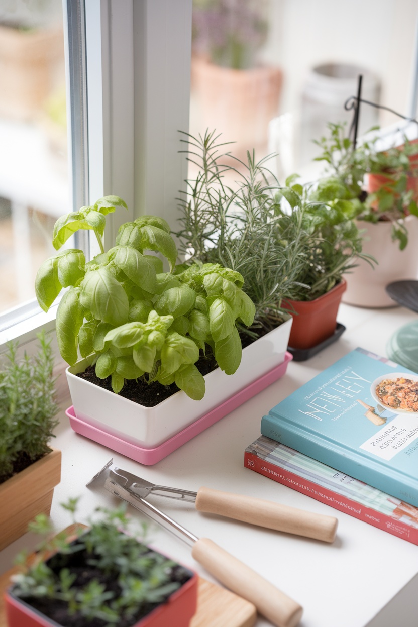 A mini herb garden with basil and rosemary on a kitchen windowsill.