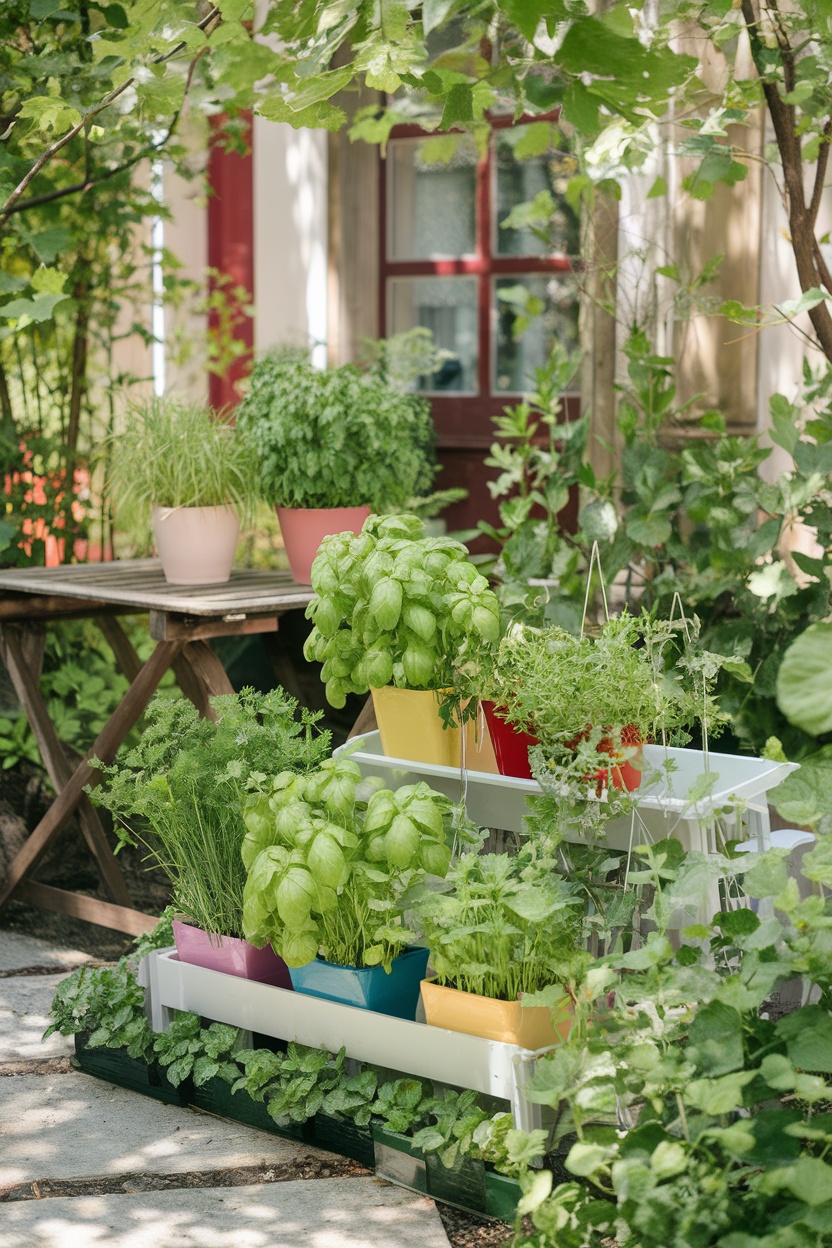 A vibrant outdoor mini herb garden with colorful pots and a wooden table surrounded by greenery.