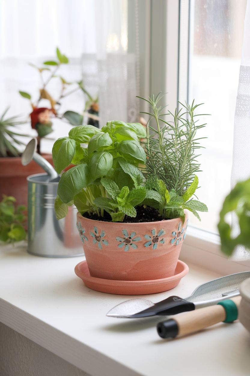 A mini herb garden pot with basil, mint, and rosemary on a windowsill.