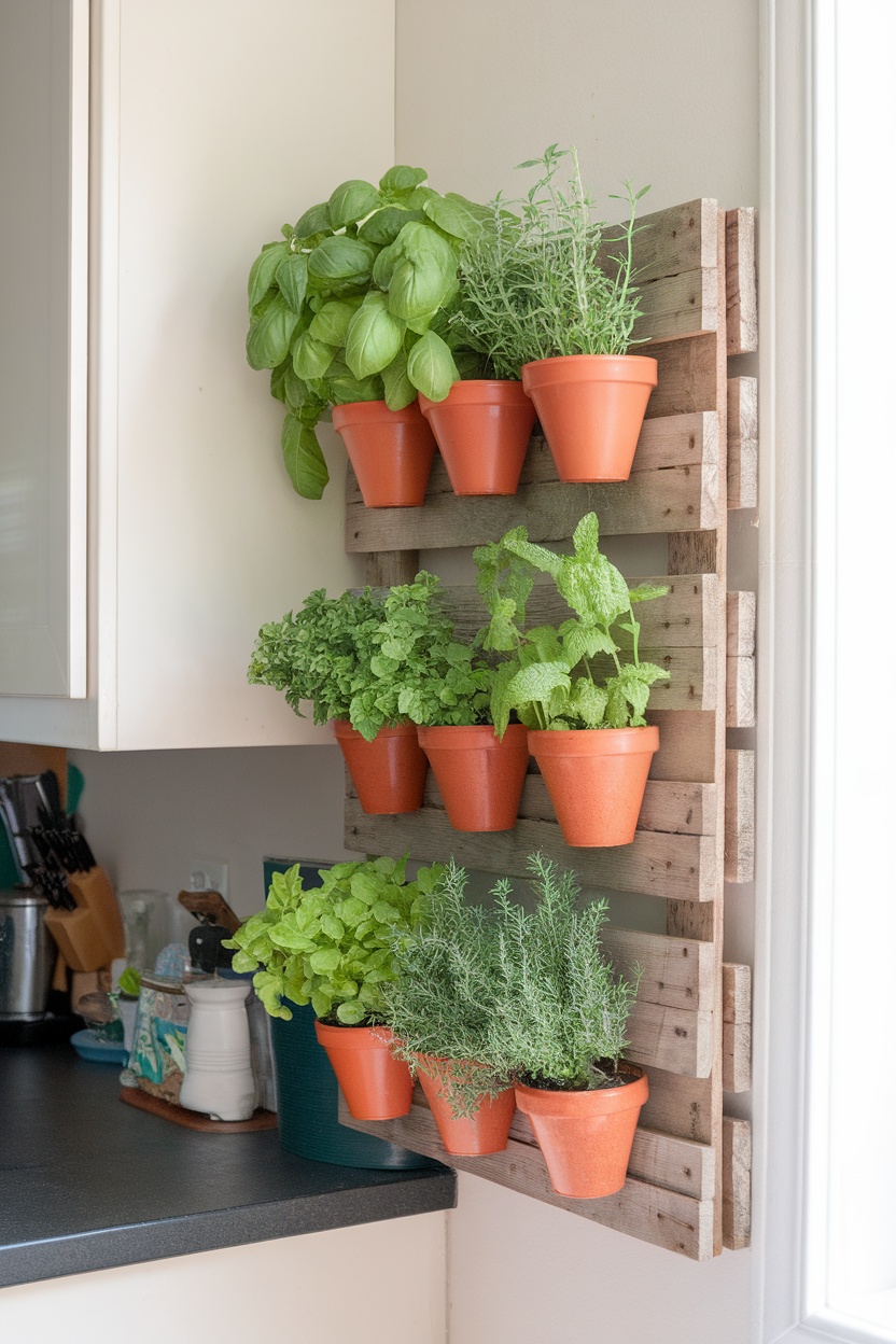 A vertical mini herb garden wall with terracotta pots containing various herbs, mounted on a wooden pallet.