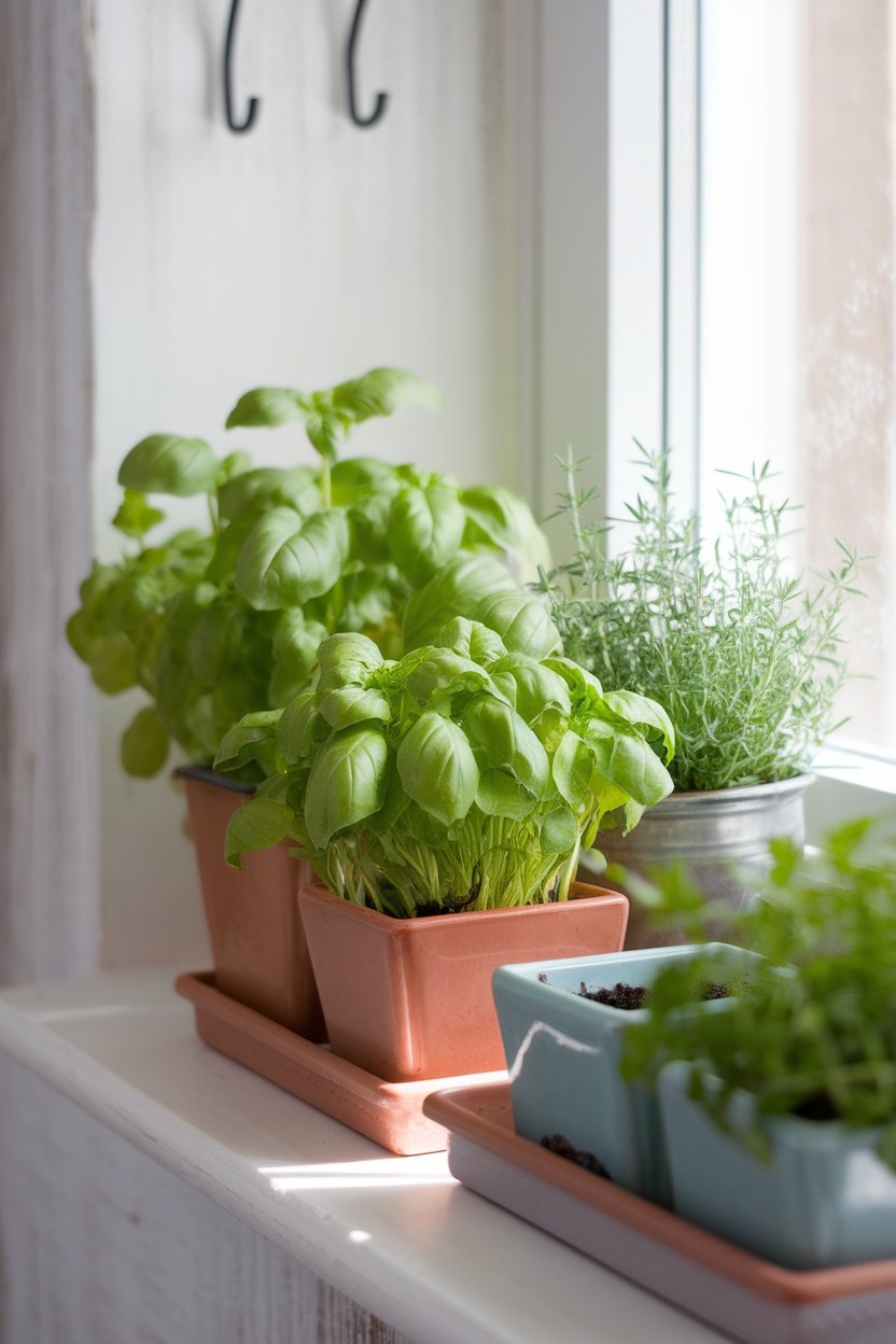 Mini potted herb garden on a windowsill with basil and rosemary plants.