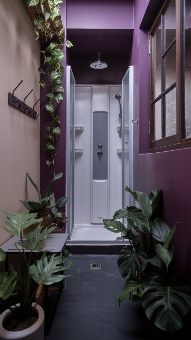 A small bathroom featuring a deep purple wall, a shower, and various indoor plants.