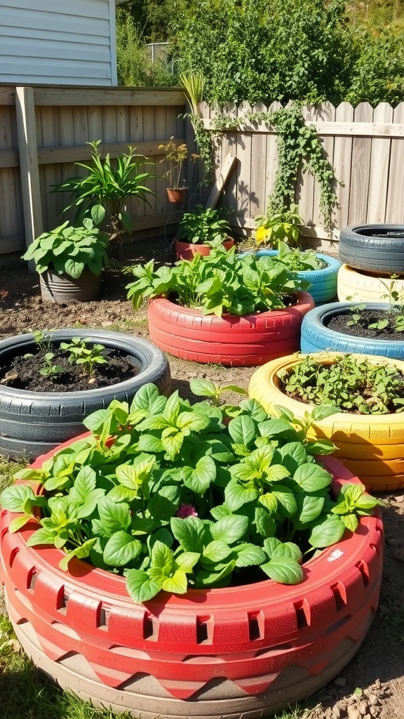 Colorful old tire planters filled with herbs and vegetables in a garden.