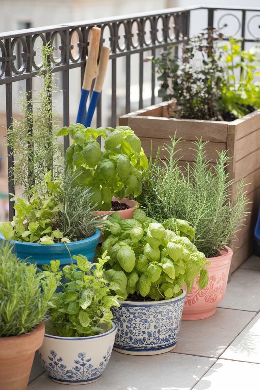 A vibrant potted herb garden featuring basil, mint, rosemary, and other herbs in colorful pots on a balcony.