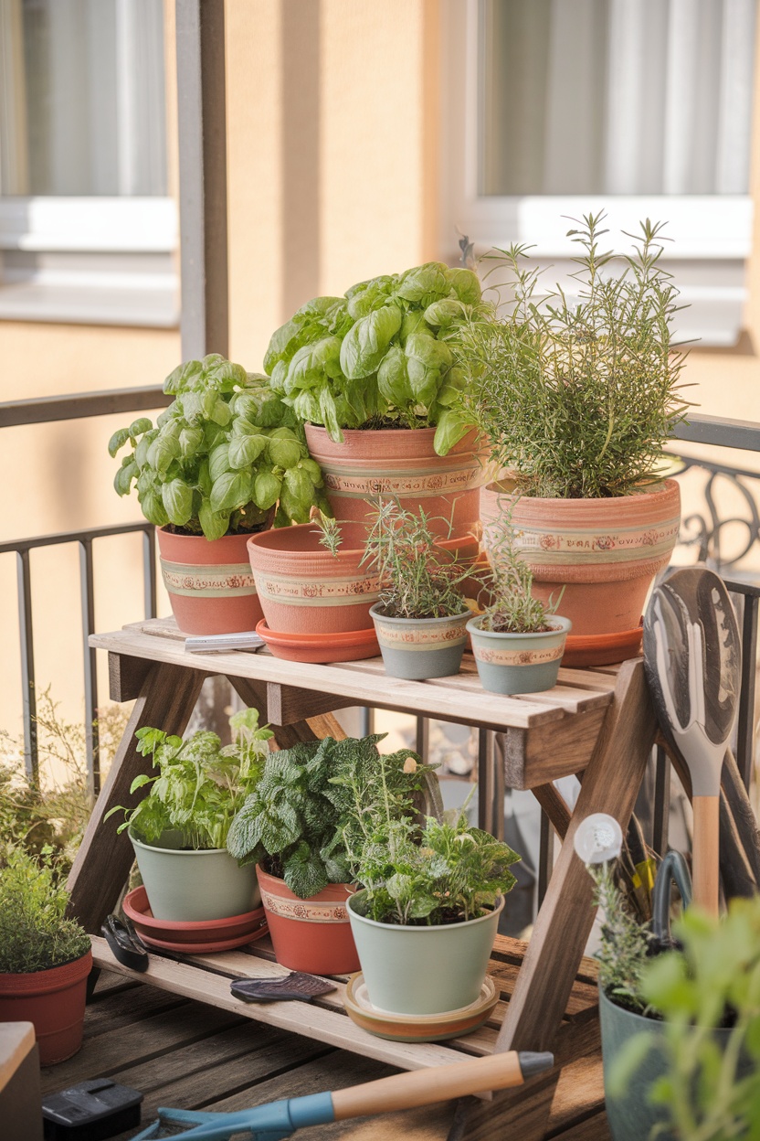 An arrangement of potted herbs including basil, rosemary, and mint on a wooden stand.