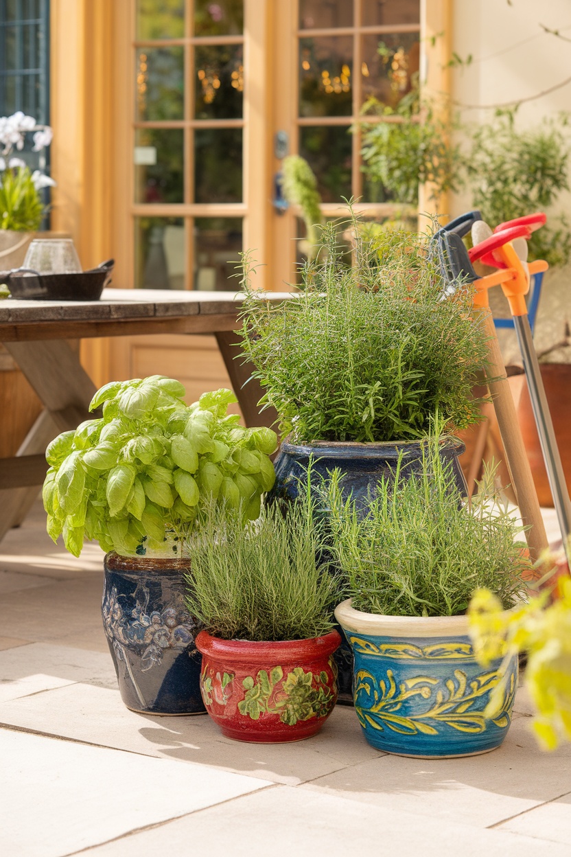 An assortment of potted herbs including basil and rosemary in colorful pots, set on a patio