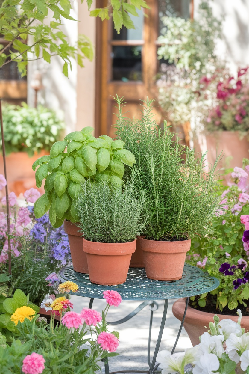 A collection of potted herbs like basil and rosemary on a patio table surrounded by colorful flowers.