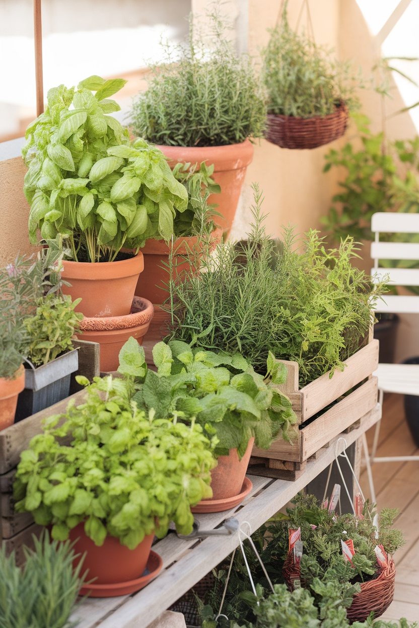 A collection of potted herbs including basil and mint on a wooden shelf.