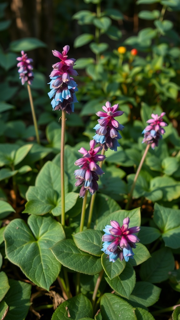 Close-up of pulmonaria flowers with pink and blue colors surrounded by green leaves.