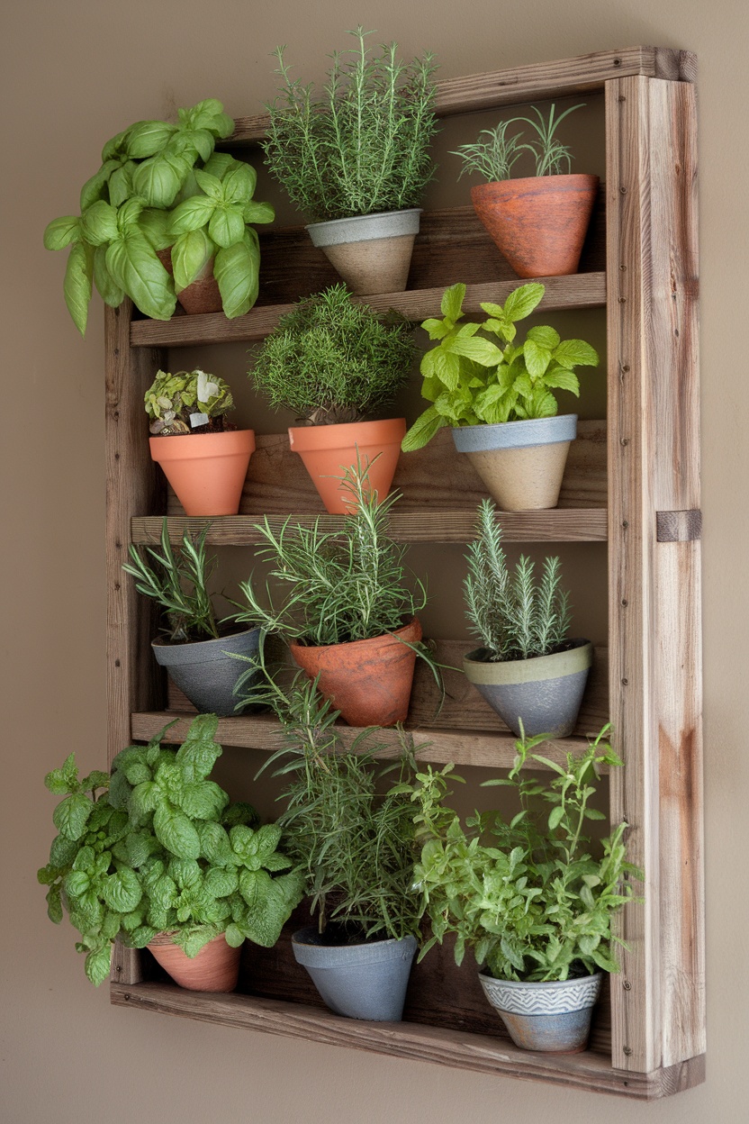 Vertical herb garden wall indoor made with reclaimed wood featuring various herbs in pots.