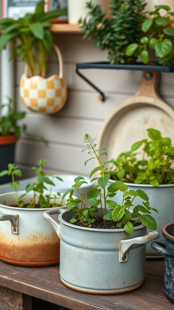 A collection of repurposed kitchenware pots with herbs growing inside, displayed on a wooden shelf.