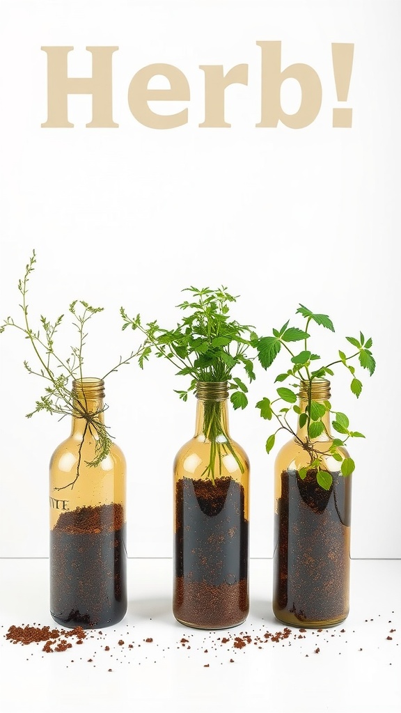 Three repurposed wine bottles filled with soil and herbs growing from the tops.