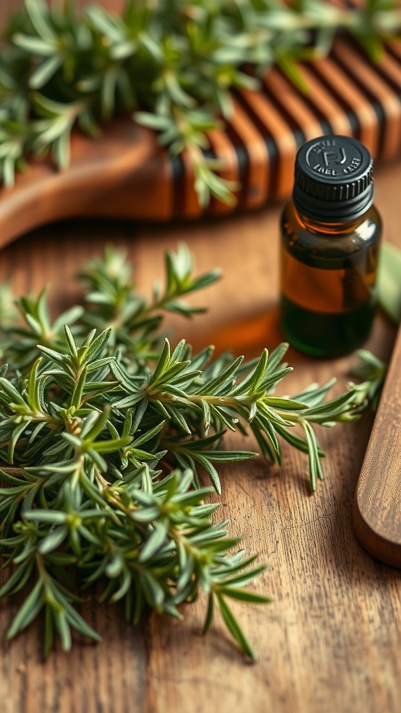 Rosemary leaves and essential oil on a wooden surface