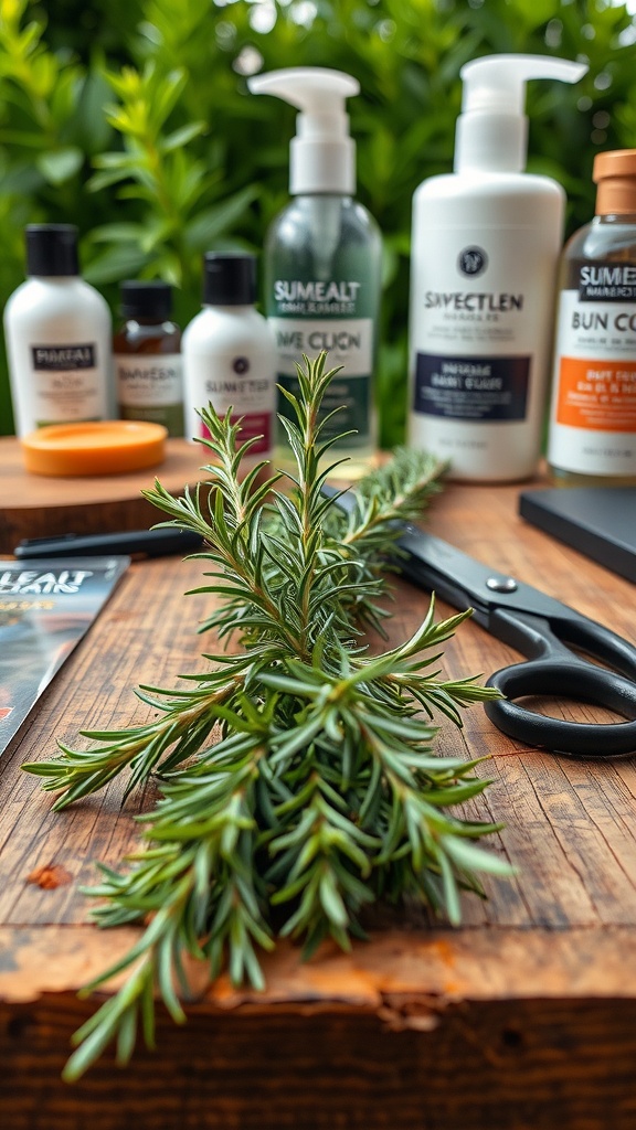 Fresh rosemary sprigs with hair care products and scissors on a wooden surface.