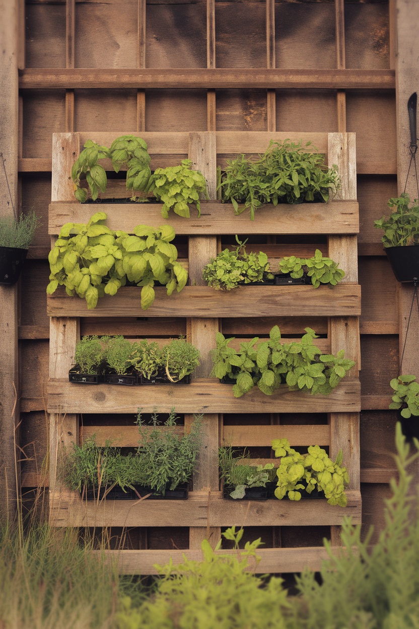 A rustic wooden pallet filled with green herbs, showcasing a vertical herb garden wall indoor.