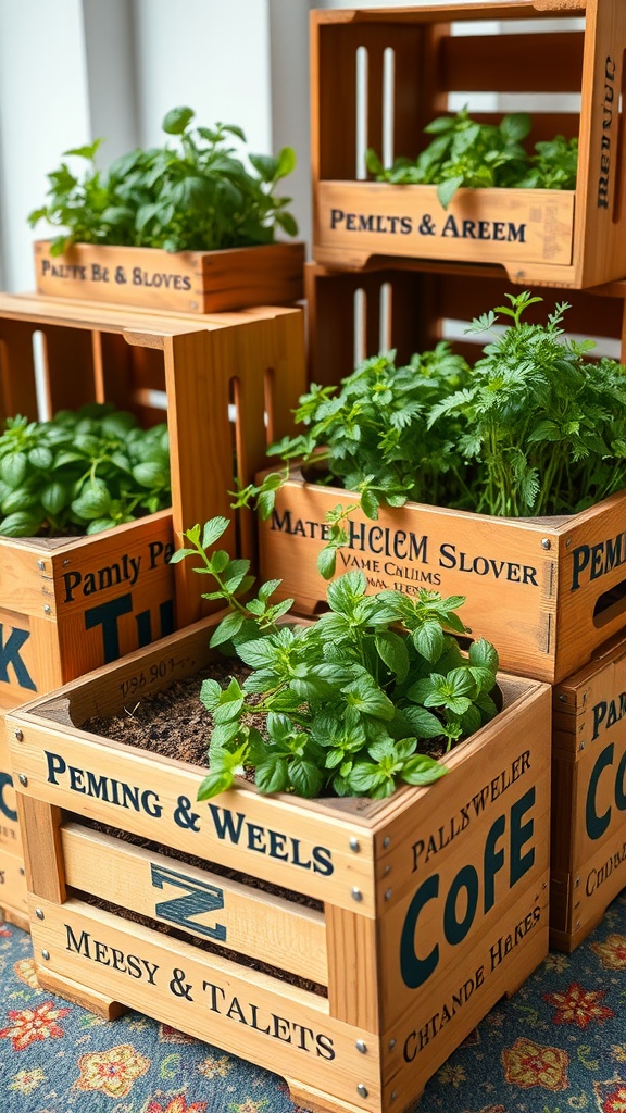 A collection of rustic wooden crates filled with various herbs, showcasing a charming herb garden setup.