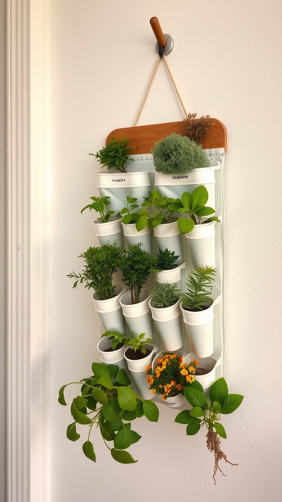 Vertical shoe organizer with various herbs growing in white cups, mounted on a wall.