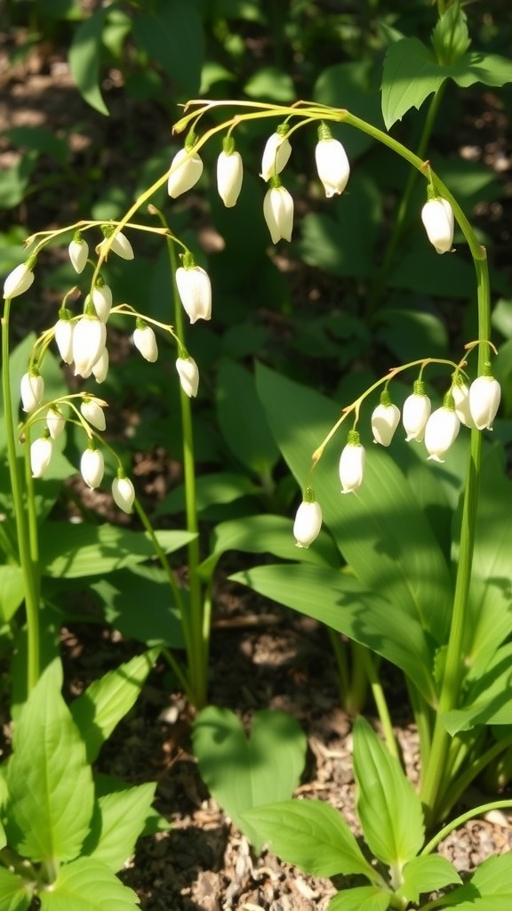 A close-up of Solomon's Seal with white bell-shaped flowers hanging from arching stems surrounded by lush green foliage.