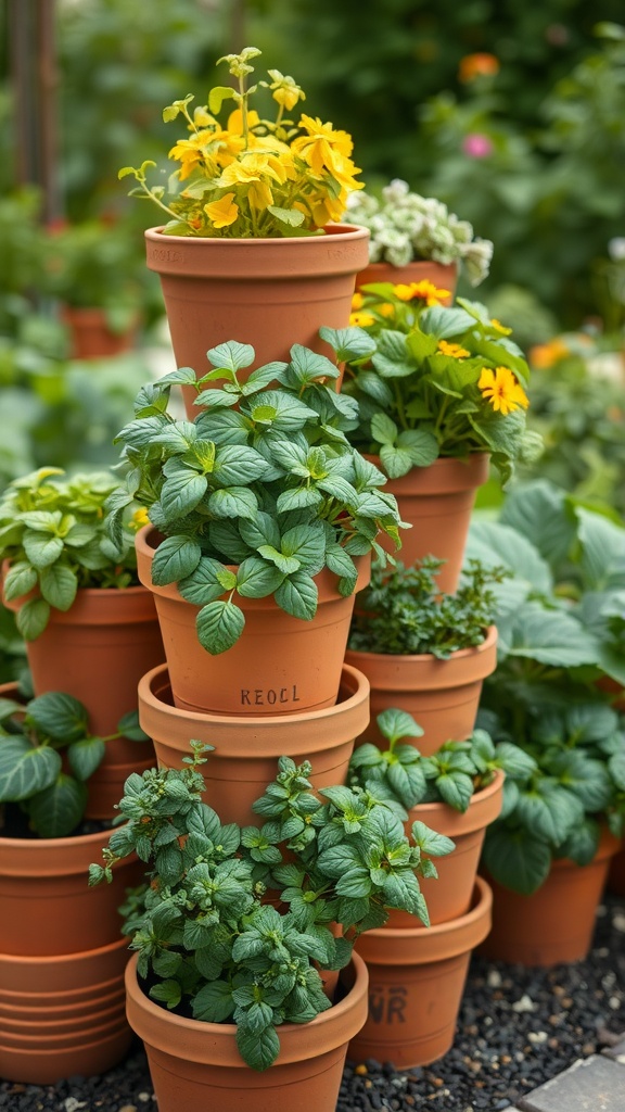 A colorful arrangement of stacked terra cotta pots filled with various herbs and flowers.