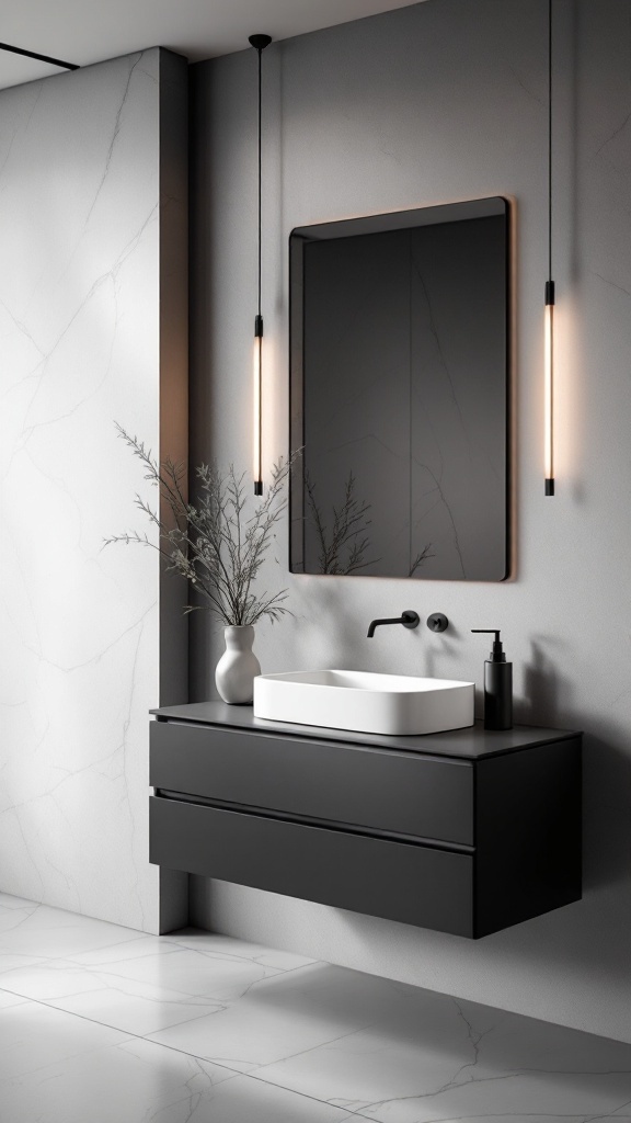 Stylish dark modern bathroom with a floating black vanity and white sink.