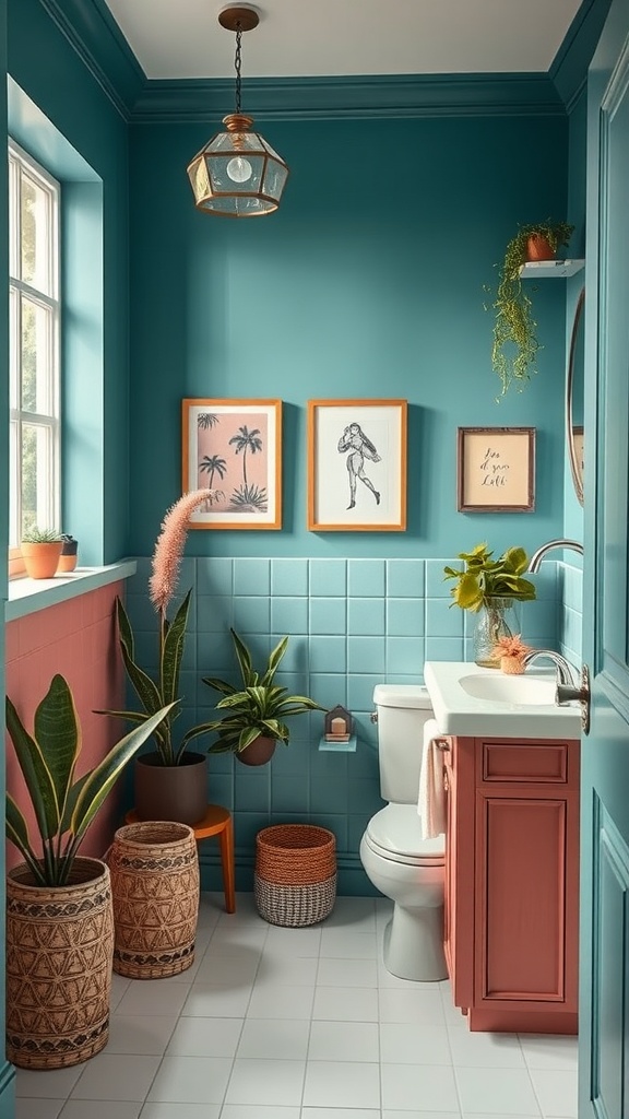 A stylish bathroom featuring teal walls, coral cabinetry, and decorative plants.