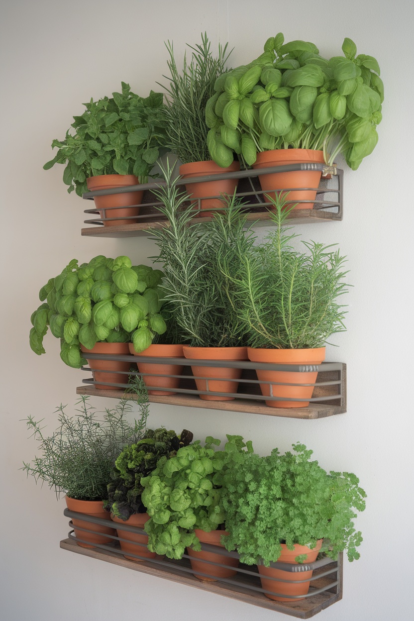 Tiered wooden shelves displaying various herbs in terracotta pots.