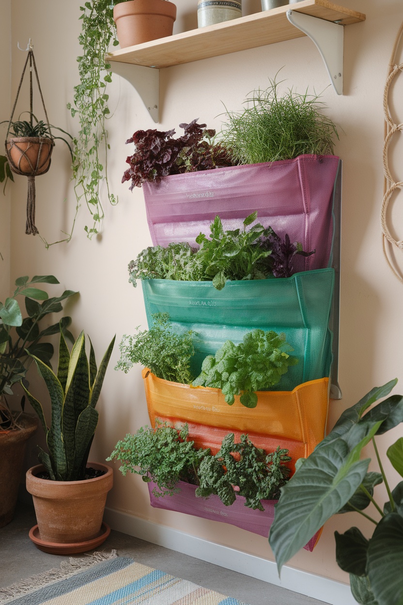 Vertical display of colorful grow bags filled with various herbs on a wall.