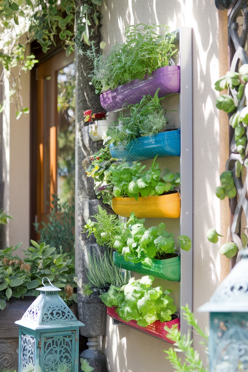 Vertical herb garden with colorful containers mounted on a wall, filled with various herbs