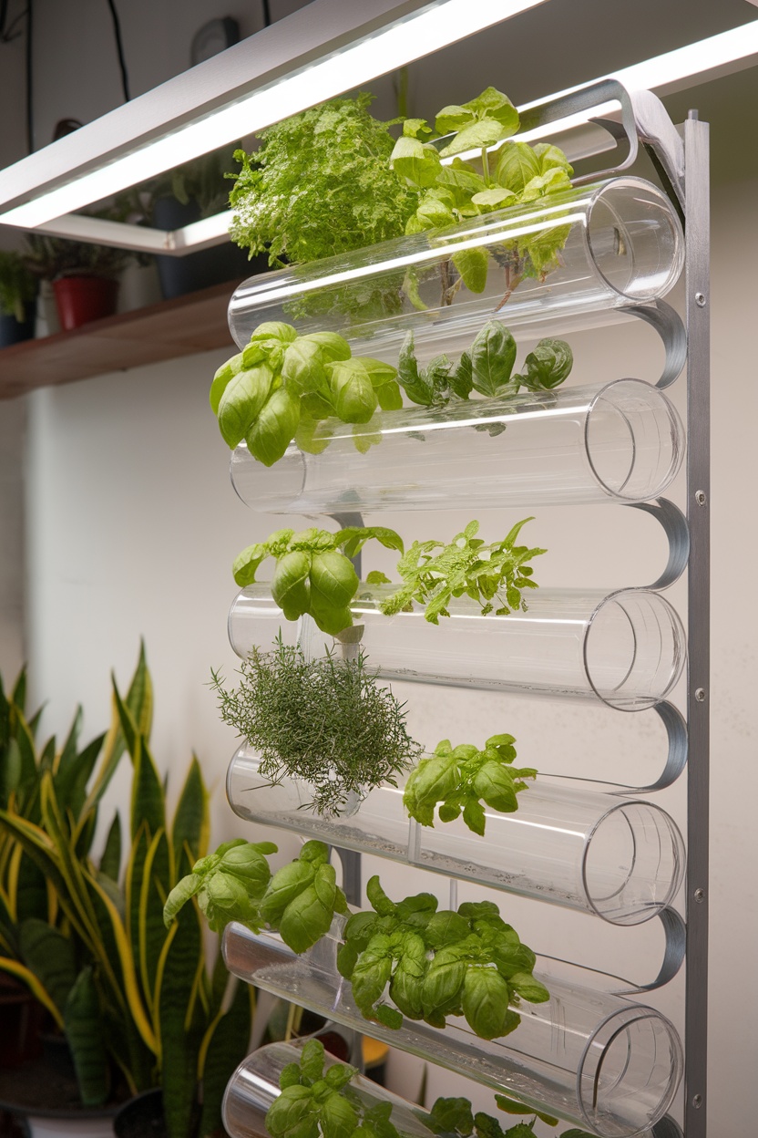 A vertical hydroponic herb system with clear tubes holding various herbs like basil, mint, and thyme, illuminated by overhead lights.