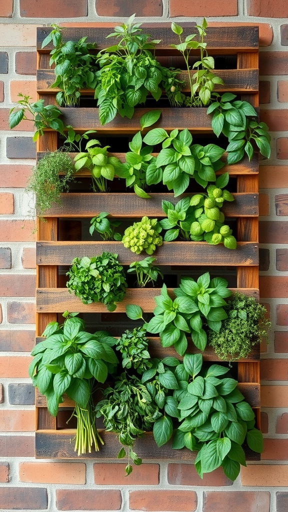 Vertical pallet garden with various herbs growing in a wooden structure against a brick wall.