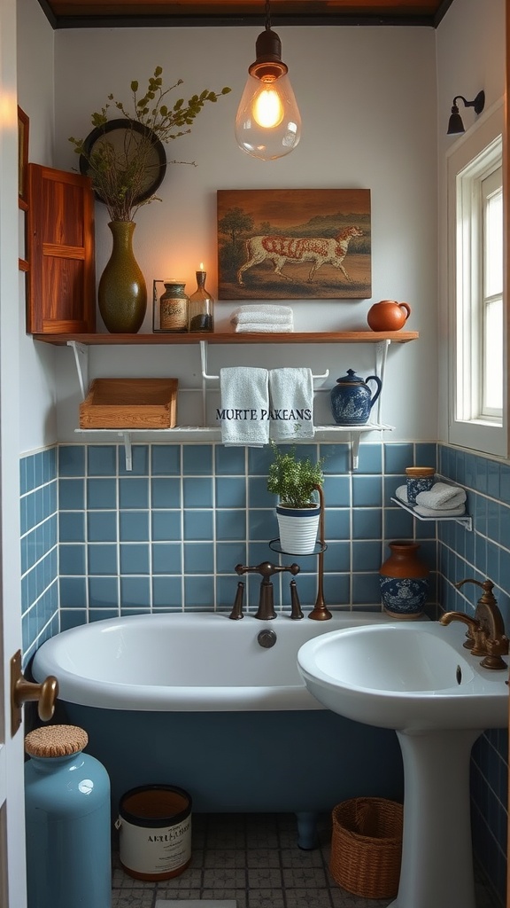 A cozy bathroom featuring vintage blue ceramics, a blue tub, and warm lighting