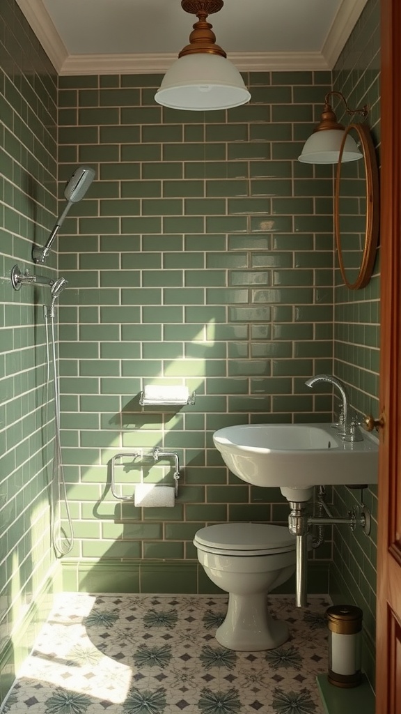 A vintage-style bathroom with olive green tiles, warm lighting, a round mirror, and decorative flooring.
