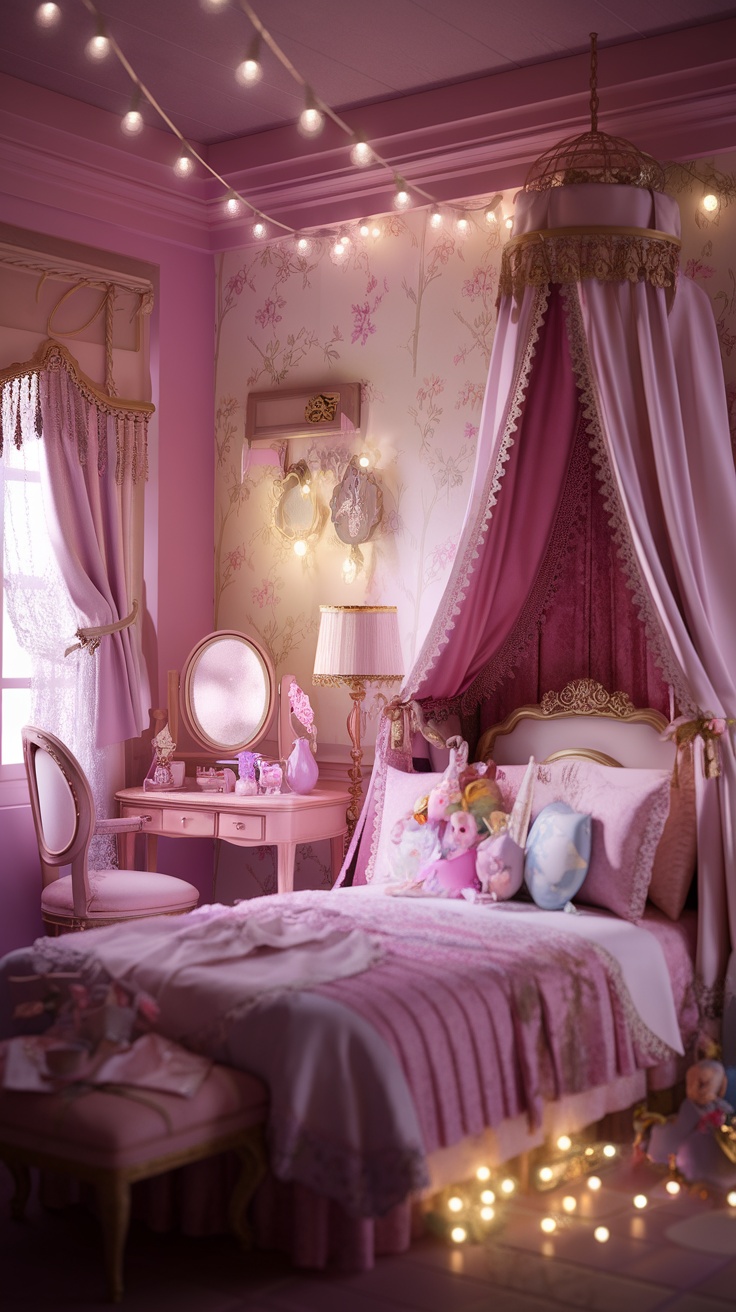 A vintage Disney princess aesthetic bedroom with pink decor, fairy lights, and elegant furnishings.