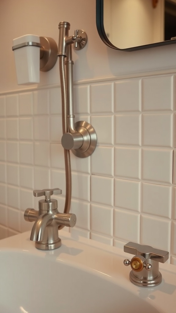 Close-up of vintage bathroom fixtures and hardware with a modern touch