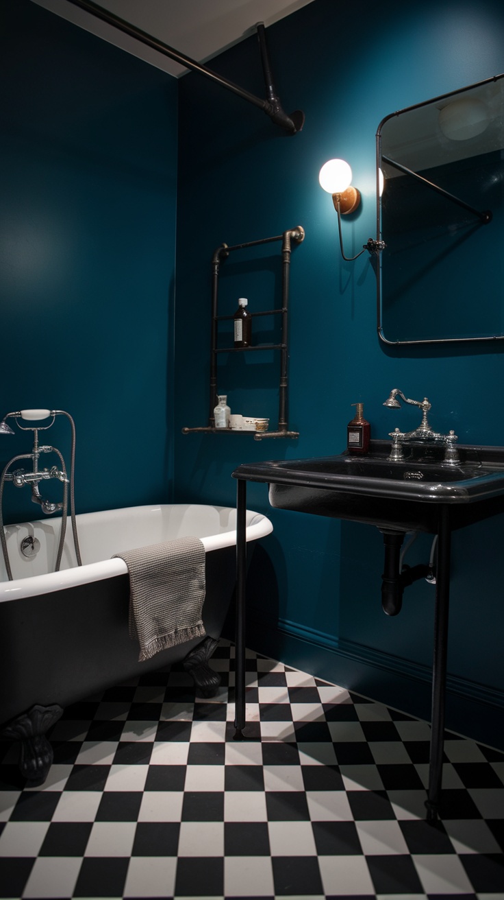 A small bathroom with deep blue walls, a vintage bathtub, and a black sink.