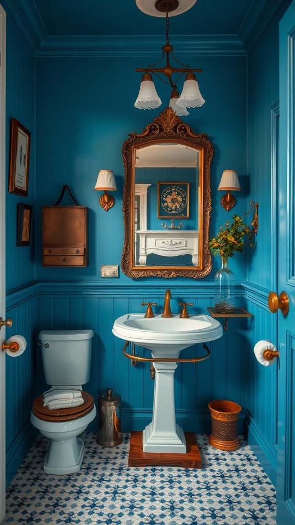 A vintage blue and white bathroom with ornate fixtures and a patterned floor.
