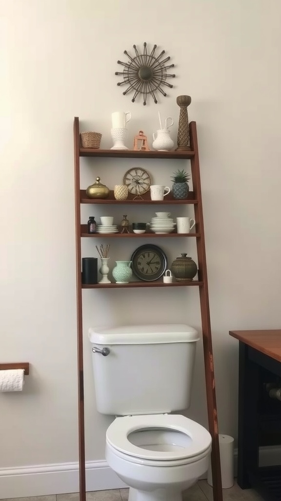 A vintage ladder shelf above a toilet, decorated with various items including clocks, vases, and a small plant.