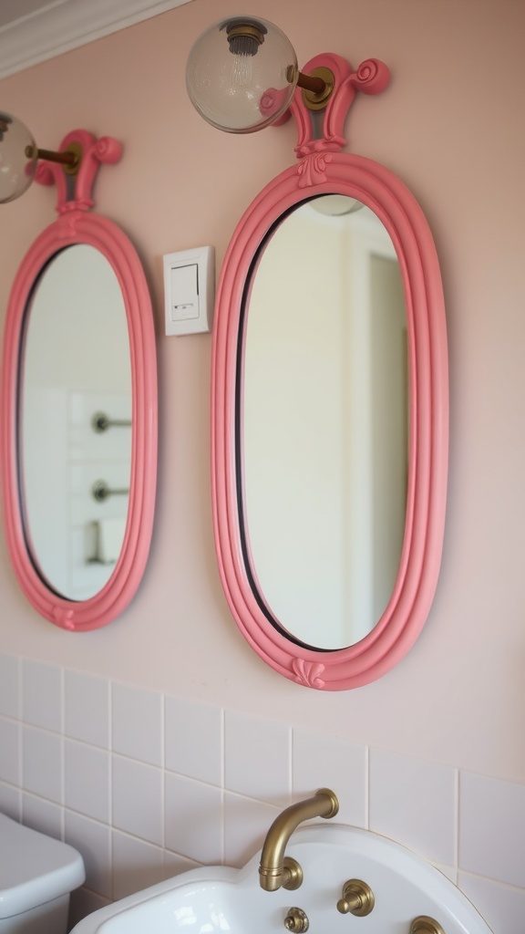Vintage pink framed mirrors in a retro bathroom setting