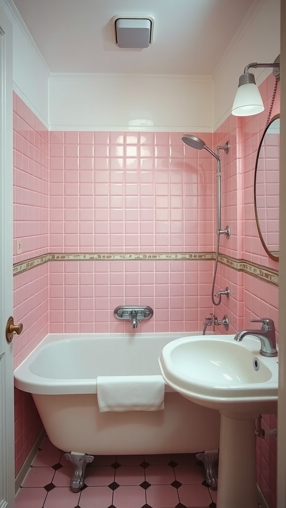 A pink retro bathroom with vintage tiles and fixtures, featuring a clawfoot tub and a pedestal sink.