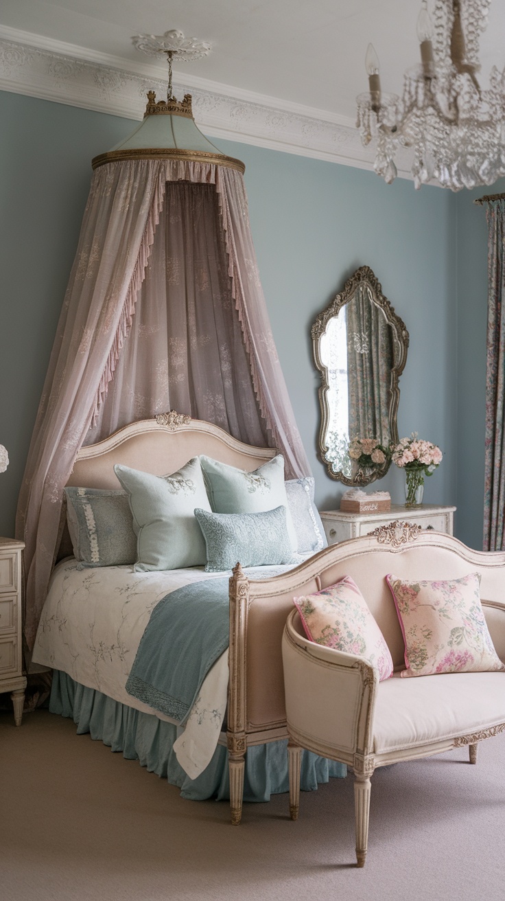 A vintage princess aesthetic bedroom with blue walls, a canopied bed adorned with soft pillows, and elegant furniture.
