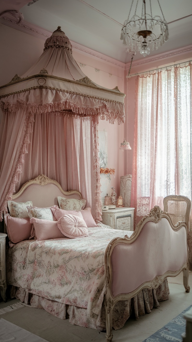 A vintage princess aesthetic bedroom featuring a canopied bed, soft pink colors, floral patterns, and elegant decor.